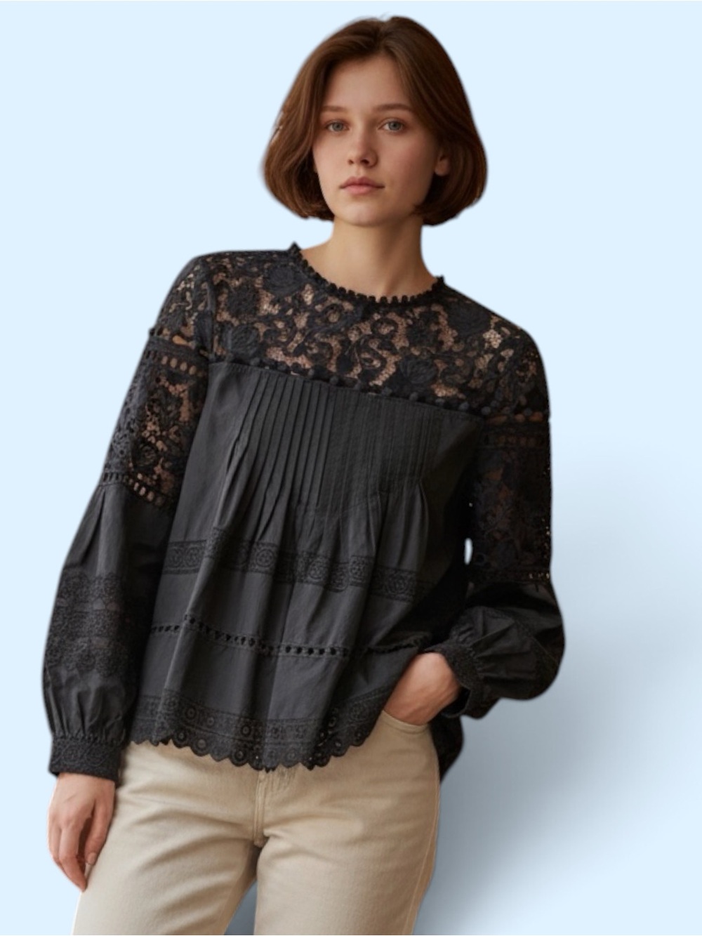 See By Chloe Dark Navy Lace-Trim Peasant Top